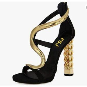 FSJ Women Flower Gold Metal Chain Chunky High Heels Ankle Strap Sandals Black